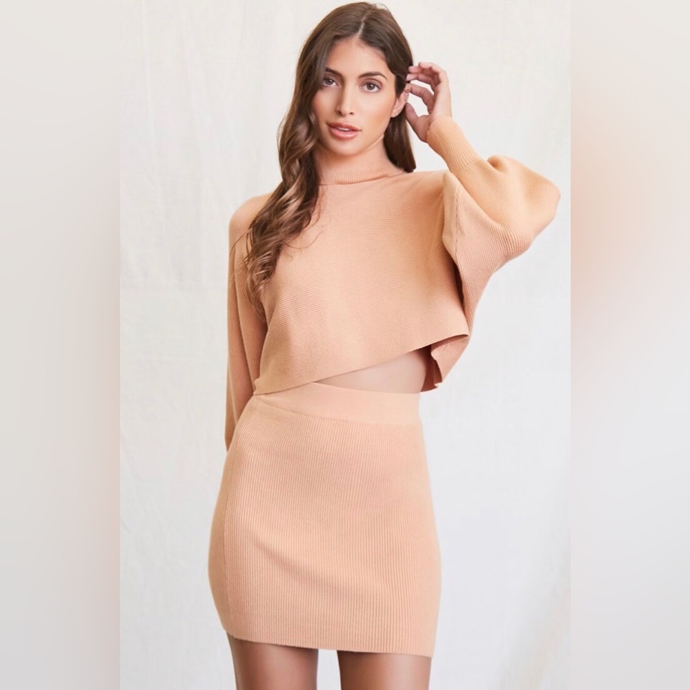 Ribbed Sweater & Mini Skirt Set size medium color is Taupe